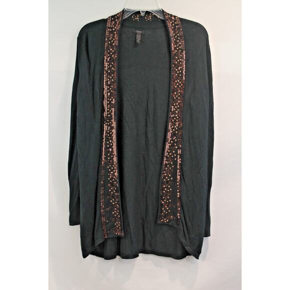 Soma Sweaters - Soma Rayon Open Cardigan Sweater Womens size L Black Sequin Trim Long Sleeve